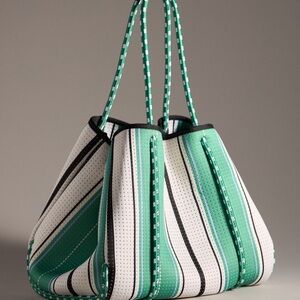 Anthropologie Stylish Green and White Striped Tote Bag